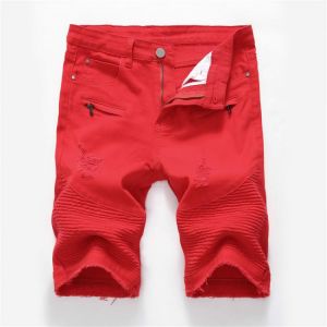 Solid Elastic Mens Ripped Short Jeans Hollow Out Bermuda Summer Red Distressed Hole Shorts Cowboys Knee Length Denim Shorts Male