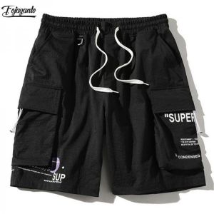 FOJAGANTO Summer Cargo Shorts Men Trend Brand Men's High Street Drawstring Knee Length Pants Print Casual Shorts Male