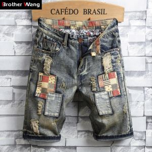 Brand Men's Retro Style Ripped Denim Shorts 2020 Summer New Fashion Casual Hole Patch Jean Shorts Male Brand Clothes