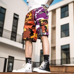 Orange & Red Camouflage Cotton Men Ribbon Design Short Summer Elastic waist Cargo Shorts Streetwear Hip Hop Mens Shorts
