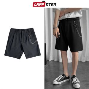 LAPPSTER Men Korean Fashions Shorts Free Chain 2021 Summer Design Kpop Streetwear Punk Pants Male Casual Black Loose Shorts