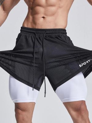 Summer Fashion Breathable Mesh Training Gym Fitness Men's Shorts 2 IN1 Double Gym Male Bodybuilding Sports Elasticity Shorts