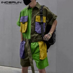 2021 Men Patchwork Rompers Shorts Punk Loose Short Sleeve Jumpsuit Multi Pockets Fashion Streetwear Casual Male Overalls INCERUN