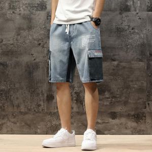 Men Denim Shorts 2021 Streetwear Elastic Waist Breeches Bermuda Male Big Pocket Casual Half Jean Summer Fashion Cargo Shorts Men