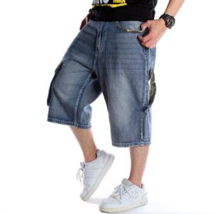 Mens Plus Size Loose Baggy Denim Short Men Jeans Fashion Streetwear Hip Hop Long 3/4 Capri Cargo Shorts Pocket Bermuda Male Blue
