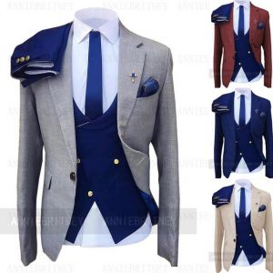 Fashion Wedding Suit For Men Yellow Coat Blue Vest Pants Slim Fit 3 Piece Custom Made Plus Size Formal Best Man Party Tuxedo Set