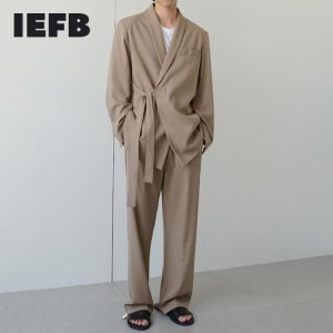 IEFB Korean Trend Men's Cotton Suit Coat Loose Casual Bandage Belt Blazers 2021 New Spring Autumn Blazer Khaki Men's Clo