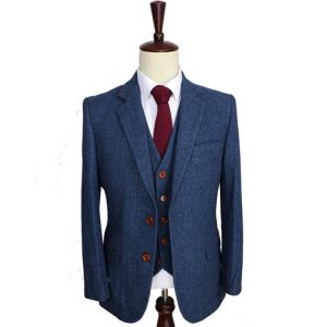 Wool Blue Herringbone Retro gentleman style custom made Men's suits tailor suit Blazer suits for men 3 piece (Jacket+Pants+Ve