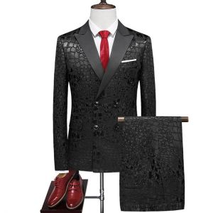 Classic Business Men Black Jacquard Suit Large Size S-6XL Slim Fit Male Wedding Suits New Fashion Blazer and Pants