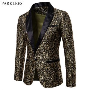 Gold Jacquard Bronzing Floral Blazer Men 2018 Brand New Mens Patchwork One Button Blazer Jacket Party Stage Singer Costume Homme