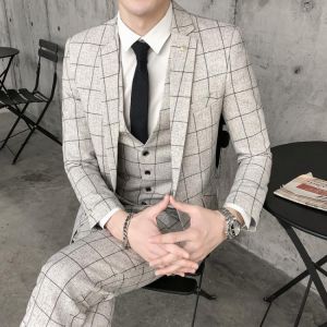 (Blazer+vest+pants) 2019 new fashion plaid men's suit beige grey casual groom wedding dress men banquet prom tuxedo slim suit
