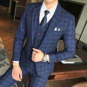 Luxury Men's Suit 3 Piece Fashion Boutique Plaid Wedding Business Casual Large Size Men's Blazer Wedding Banquet Party D