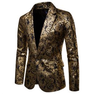2021 Men's Golden Floral Blazers Business Casual Suit Wedding Dress Gold Blazer