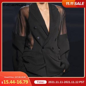 Men Blazer Mesh Patchwork See Through Streetwear Double Breasted Lapel Long Sleeve Outerwear Fashion Men Casual Suits INCERUN