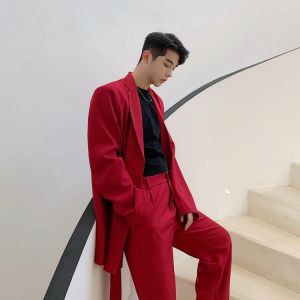 2021 large spring and autumn casual suit men's fashion net red show ribbon red ruffian fried Street suit coat