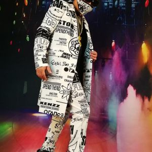 Custom Made Slim Fit Suit Blazer Coat Men Fashion Graffiti Casual Hip Hop Long Blazers Jacket Male Party Stage Singer DJ Costume