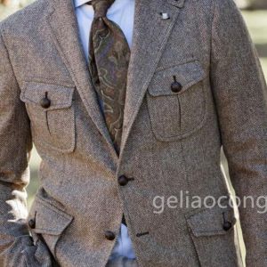 1 Piece Herringbone Groom Wear Slim Fit Two Buttons Notched Lapel Men Business Formal Prom Tuxedos Best Man Tweed Blazer Jacket
