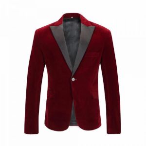PYJTRL Men's Autumn Winter Velvet Wine Red Fashion Leisure Suit Jacket Wedding Groom Blazer