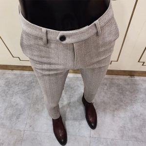 2020 Autumn Winter Men Striped Dress Pants Woolen Warm Business Formal Social Suit Pants Casual Slim Fit Cigarette Trousers