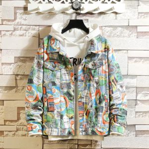 Autumn Camouflage Graffiti Jeans Jacket Mens Japanese Comic Print Loose Jacket Streetwear Men Casual Hip Hop Loose Denim Jacket