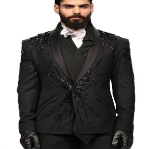 Two Pieces Black Men Suits Luxury Beads Custom Made Men Suits One Button Tuxedos Peaked Lapel Blazer Business Coat+Pant