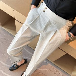 2021 Men Suit Pants Dress Pants Stretch Slim Straight White Striped Formal Pants Boutique Fashion Men's Clothing Ankle Trouse
