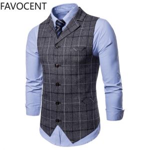 New Mens Vest Casual Business Men Suit Vests Male Lattice Waistcoat Fashion Mens Sleeveless Suit Vest Smart Casual Top Grey Blue
