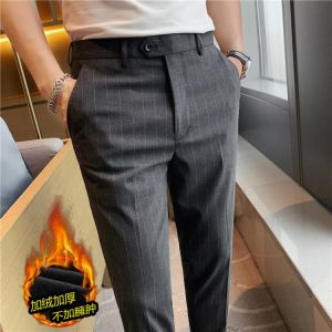 Plus Size 28-38 Autumn Winter Thick Striped Suit Pants Men Clothing Simple Slim Fit Stretched Casual Office Trousers Formal Wear