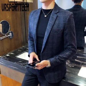 URSPORTTECH Men's Blazer British's Style Casual Slim Fit Suit Jacket Male Plaid Blazers Men Coat Terno Masculino Plus Si