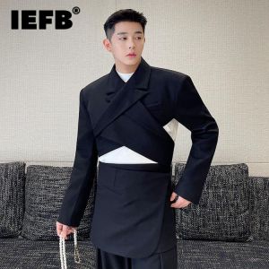 IEFB Menswear Fashion Cross Adjustable Wearing Backless Blazers 2021 New Notched Long Sleeve Short Suit Jacket Male Tide Autumn