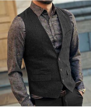 Men's Suit Vest Black Grey Wool Tweed Waistcoat Jacket Slim Fit Like Beckham Business Groomman Clothing Man For Wedding Vests