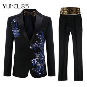 YUNCLOS EU Size Men Applique Suit Party Dress 2 Pieces（Bowtie) Tuxedos Slim Fit  Masculino Luxury Diamond  Wedding Party Suits