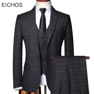 Plus Size 6XL Formal Business Costume Homme Plaids Suit Three Piece Slim Fit Mens Wedding Suit For Groom Tuxedo Man