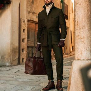 Men's Jacket Blazer Man Stand-collar British Lace Up Coat High-end Singal-breasted Jackets For Groomsmen Men Clothing Men 202