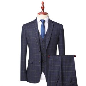 ( Jacket + Vest + Pants )three-piece Male Formal Business Plaids Suit for Men's Fashion Boutique Plaid Wedding Dress Blazer M