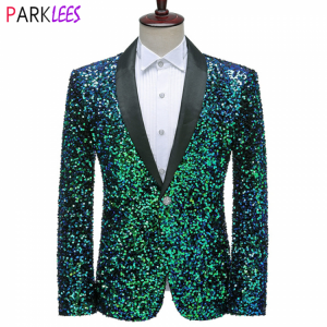 Shiny Green Sequins Bling Glitter Blazer Men 2020 Shawl Collar One Button Tuxedo Suits&Blazer Mens Wedding Party Stage Costume
