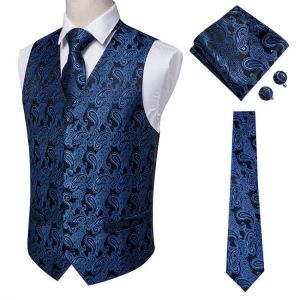 Hi-Tie Navy Paisley 100% Silk Dress Vest Set For Men Dark Blue Jacquard Men's Suit Vest Male Waistcoat For Wedding Formal Jac