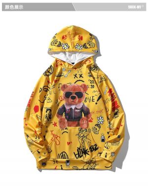 Men's autumn and winter new sweater men's loose bear graffiti print hip-hop loose hoodie casual