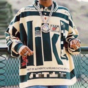 Autumn men's fashion trend printing long-sleeved pullover polo collar design loose American retro hip-hop street casual wear