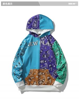 European and American street hooded sweater men's autumn and winter new cashew flower print hooded stitching sweater jacket m