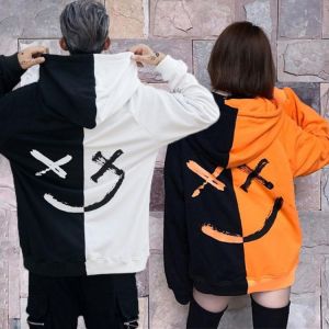 Men Smile Hoodies 2019 Winter Hip Hop Print Oversized Sweatshirts Fashion Patchwork Unisex Couple Streetwear Men Women Hoodies