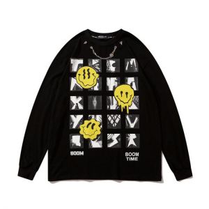 Hip-hop Graffiti Smiley Print Sweatshirt Men's Long-Sleeved T-Shirt Street Loose Necklace Strip Pullover Tops T shirt for Men