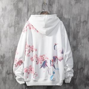 Chinese Style Couple Hooded Men's Autumn Thin Style Loose National Trend Cherry Blossom Pink Crane Casual Hooded Men
