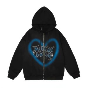Korean Fashion Graffiti Heart Letter Bear Printed Fleece Zip Up Men Hoodies Pullover Harajuku Hooded Sweatshirts Cotton Jacket