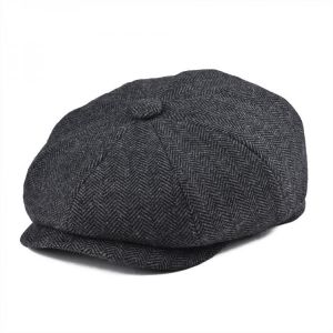 BOTVELA Tweed Wool 8 piece Black Herringbone Newsboy Cap Men Classic 8-Quarter Panel Style Flat Caps Women Beret Hat 005