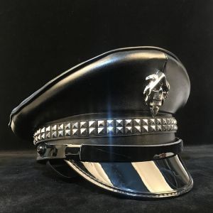100% Leather Germany Officer Visor Cap Army Hat Cortical Military Hats Police Cap Cosplay Halloween Hat Size M L XXL