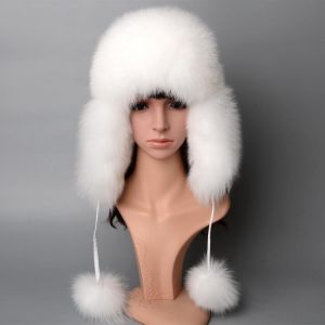 100% Real Fox Fur Hat Women's Russian Ushanka Aviator Trapper Snow Skiing Hat Caps Earflap Winter Raccoon Fur Bomber Hat