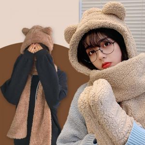 Cute Bear Ear Hat Scarf Gloves Set Winter Women Novelty Caps Warm Casual Plush Hats Casual Solid Fleece Girl Kawaii Accessories