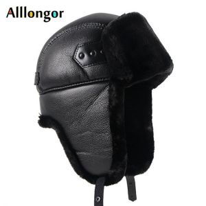 Russian Ski Hat Man Soft Leather Bomber Hats Warm 2021 Winter Hats Black Fur Earflaps Caps With Ear Flaps Ushanka Dad Soviet Hat