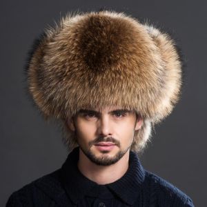  Winter Men's 100% Real Silver Fox Fur Aviator Bomber Hat Raccoon Fur Ushanka Cap Trapper Russian Man Ski Hats Caps Real Lea